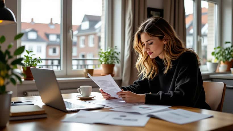 Kvinde sidder ved køkkenbord i Copenhagen og gennemgår freelancekontrakter med laptop og kaffe