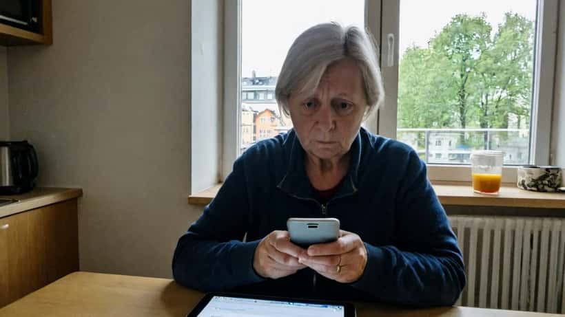 Kvinna tittar oroligt på mobil med misstänkt SMS om BankID