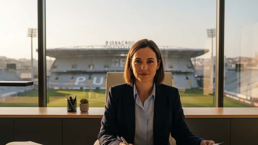Advogada portuguesa em escritório no Porto a rever documentos sobre direitos de adeptos desportivos