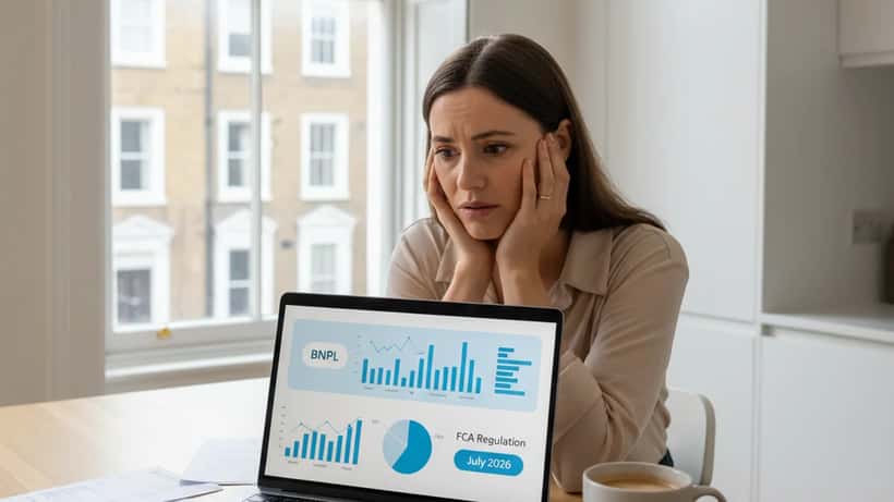 A British woman reviews her finances and BNPL payment apps on a laptop at home in London