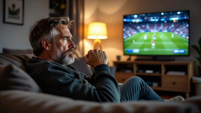 Dansk mand ser spændende fodboldkamp på tv med tydelig stress