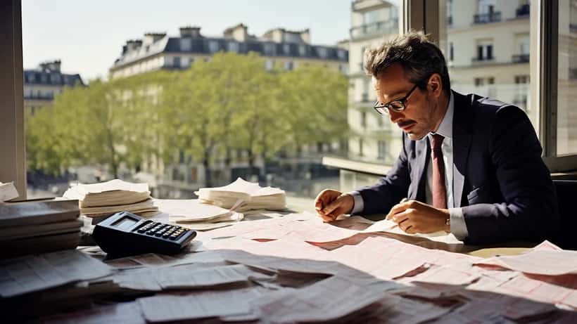 Salarié français examinant son bulletin de salaire dans un bureau parisien