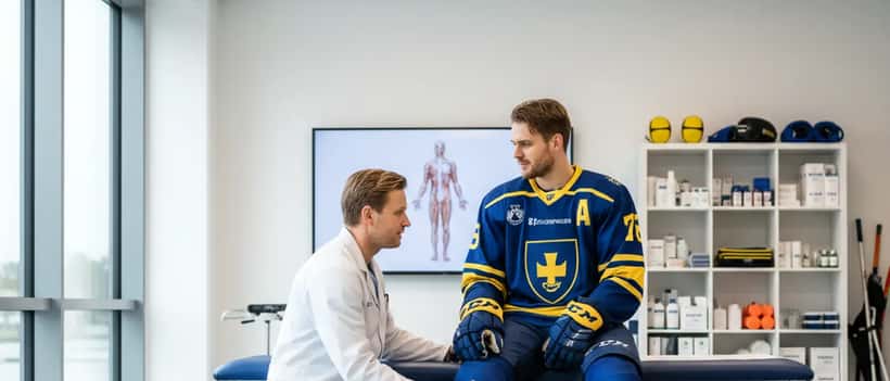 Idrottsmedicinsk läkare undersöker en ishockeyspelares knä i en modern klinik