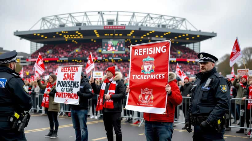 Supporters de Liverpool manifestant contre la flambée des prix des billets devant un stade de Premier League