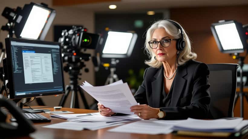 Presentatrice televisiva che esamina documenti contrattuali in uno studio RAI a Roma