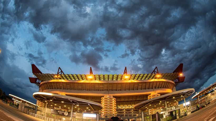 Aerial view of Stadio Giuseppe Meazza (San Siro) in Milan, venue for AC Milan vs Benfica Europa League 2026
