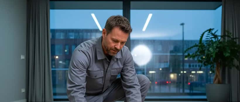 Elektronicatechnicus inspecteert beschadigde apparatuur na stroomstoring