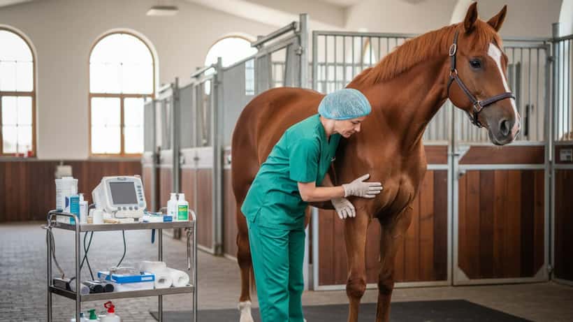 Deutsche Tierärztin untersucht Pferdebein in einer Pferdetierklinik in Baden-Württemberg