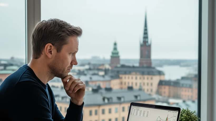 Svensk man granskar börskurser på laptop i Stockholm hemmakontor