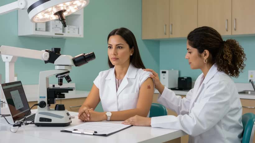 Dermatologist examining a patient's skin in a US clinic during a hidradenitis suppurativa consultation
