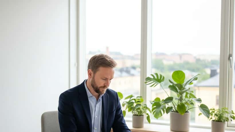 Finansiell rådgivare går igenom hållbara investeringar på kontor i Stockholm