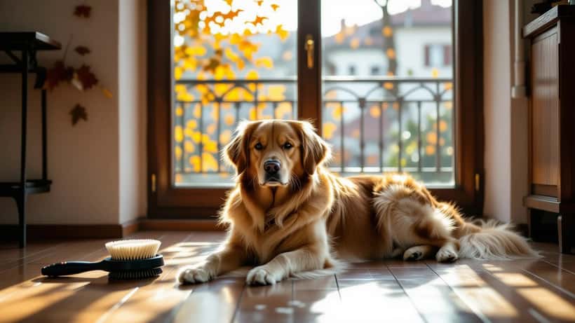 Golden retriever in appartamento italiano durante la muta autunnale con luce calda e foglie fuori dalla finestra