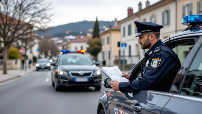 Gendarme contrôlant les documents d'un conducteur à la fenêtre de sa voiture en bord de route
