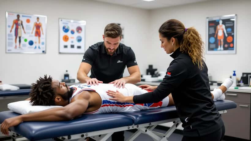 Sports physiotherapist assessing an athlete's hamstring injury on a treatment table