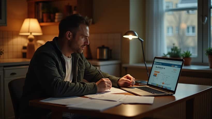 Mann gjennomgår skattemeldingen på laptop og papir hjemme i Oslo