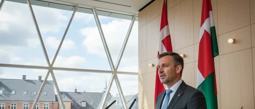 Greenlandic politician in formal suit at modern Scandinavian parliament building podium