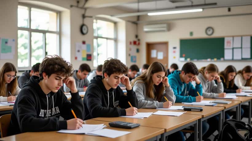 Studenti italiani concentrati durante la seconda prova di matematica della maturità 2026 in una palestra scolastica