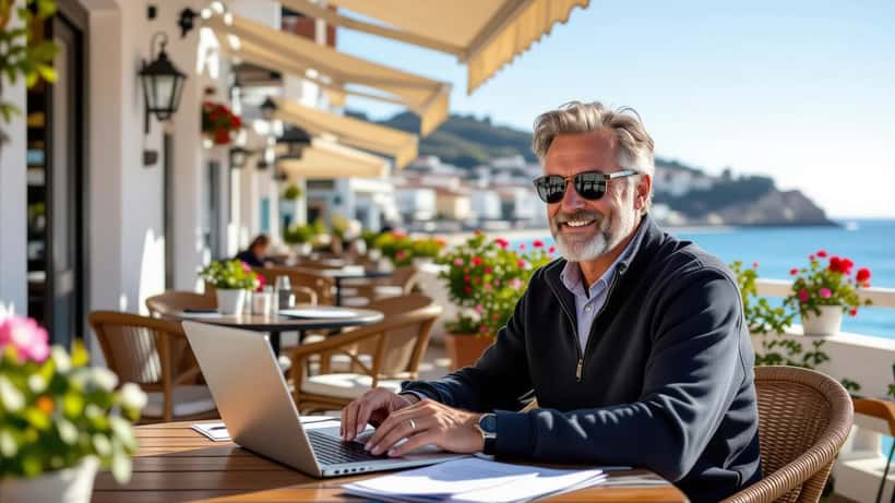 Dansker gennemgår pensionsdokumenter på café-terrasse i Portugal med Atlanterhavet i baggrunden