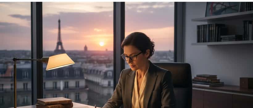 Avocat français examinant des documents historiques dans son bureau parisien