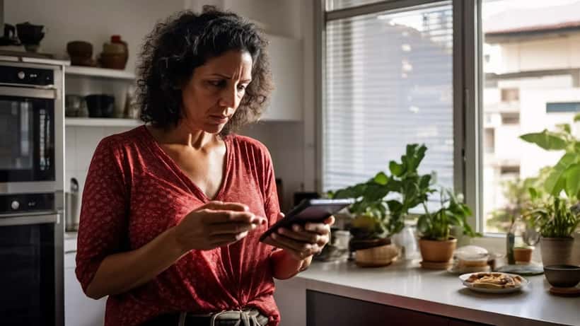 Mulher brasileira preocupada olhando alerta de fraude no aplicativo PIX em smartphone