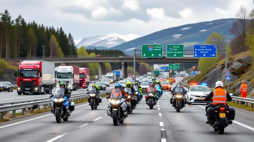 Motorsykler på E6 motorvei ved Oslo etter ulykke, politibetjenter i oransje vester