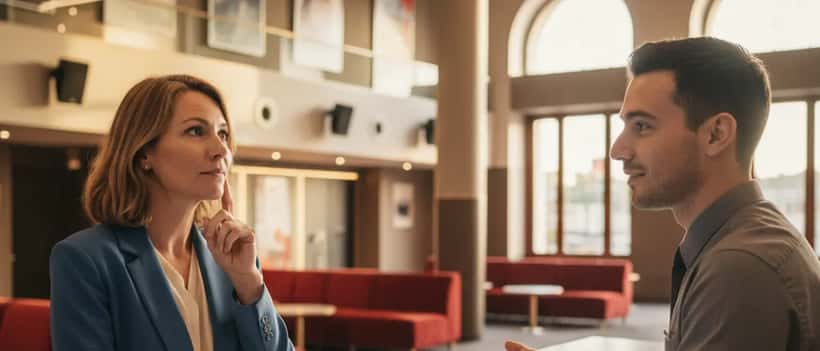 Femme française à la caisse d'un cinéma discutant avec un employé