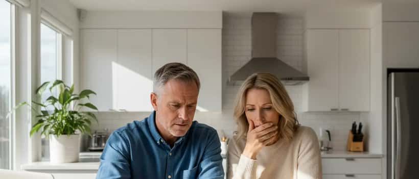Couple at kitchen table reviewing insurance denial letter, worried expressions, natural home lighting