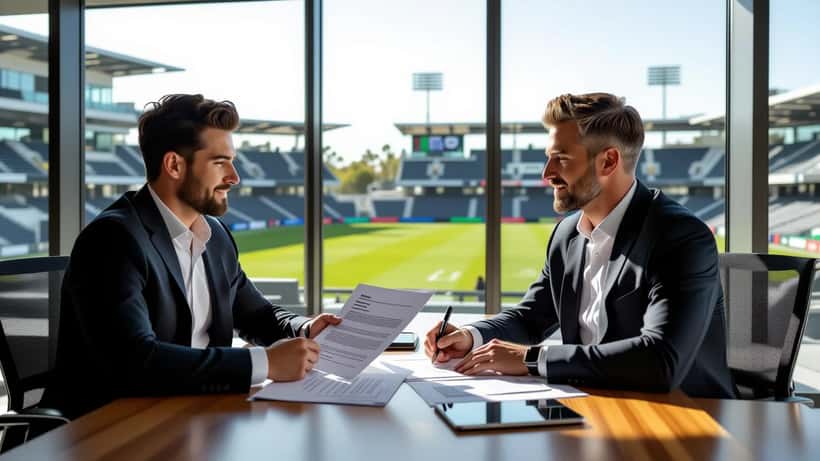 MLS Fußballspieler und Anwalt prüfen Vertragsunterlagen mit WM 2026 Kontext