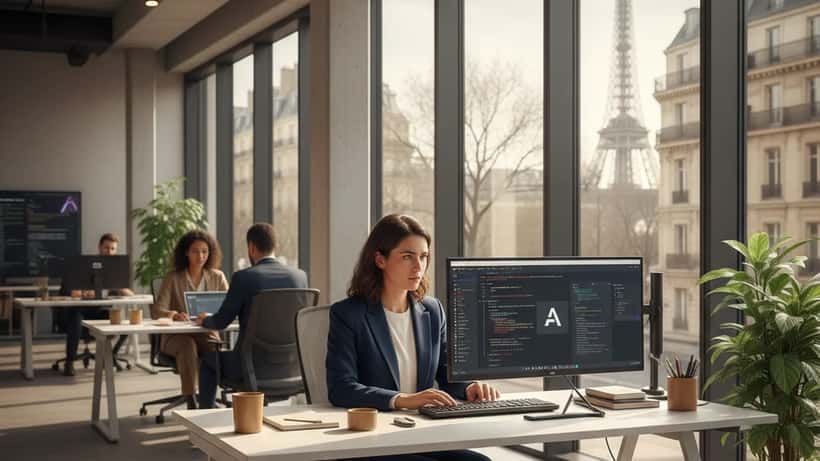Développeuse française travaillant avec des outils d'IA dans un bureau parisien moderne