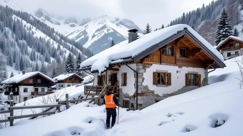 Verschneites Bergmassiv im Winter — Lawinengefahr in den Alpen