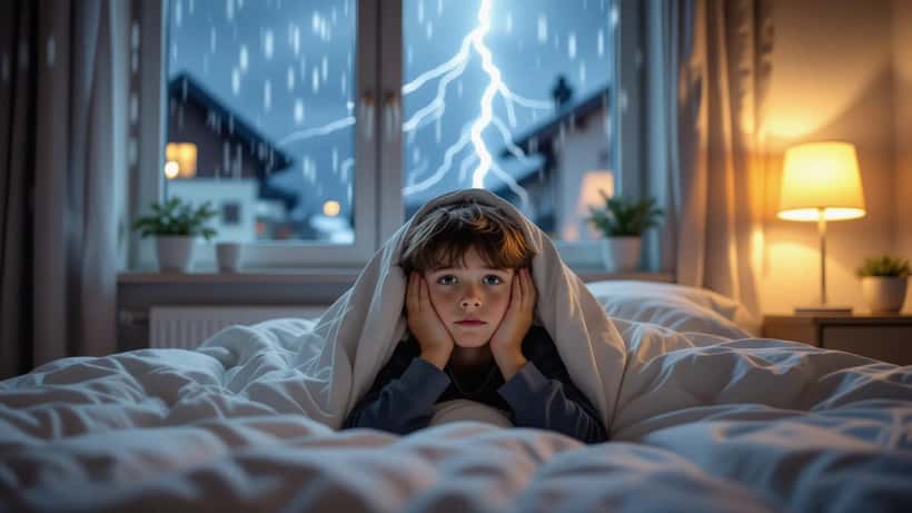 Enfant anxieux caché sous une couverture pendant un orage violent, chambre suisse