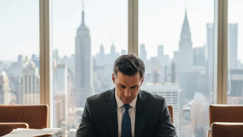 American attorney reviewing class action settlement documents at New York law firm