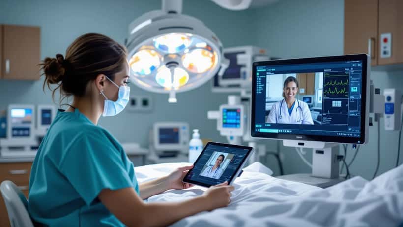 Infirmière en salle d'urgence rurale consultait un médecin via télémédecine sur tablette, Terre-Neuve 2026