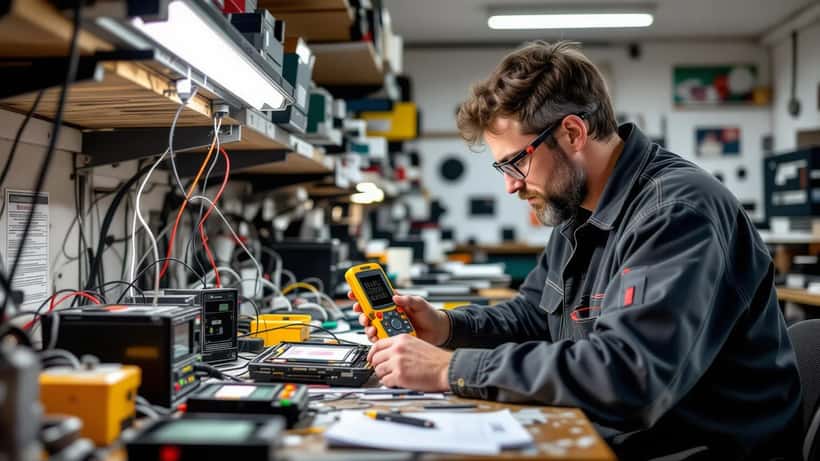 Técnico de eletrónica a diagnosticar telemóvel com bateria inchada por calor extremo num atelier em Lisboa