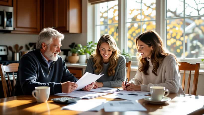 Father and adult daughter reviewing financial planning documents at a kitchen table on Father's Day 2026