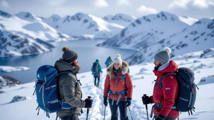 Utøvere i ekspedisjonsbekledning på norsk fjellplatå i kaldt vintervær