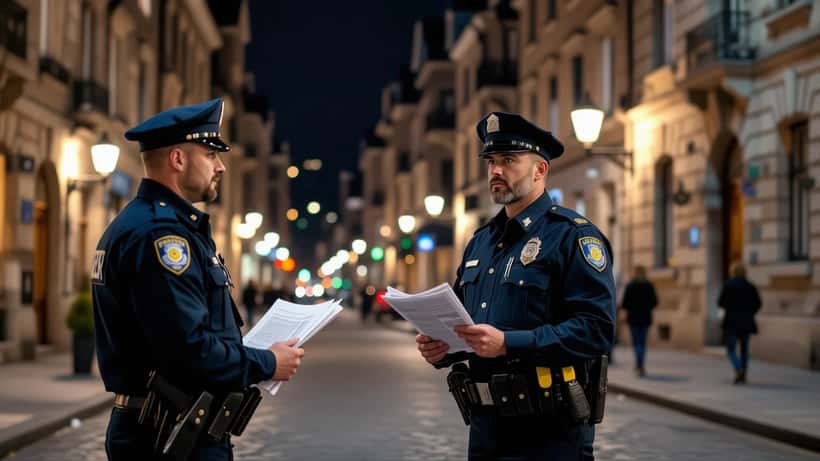 SPVQ police officer speaking with a civilian on a cobblestone street in Vieux-Québec at night