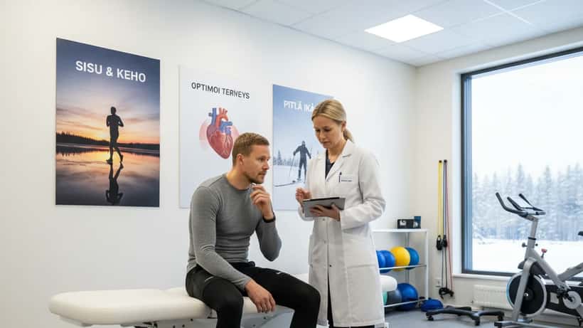 Harrastusurheilija ja urheilulääkäri konsultaatiossa modernissa urheilulääketieteen klinikassa Tampereella