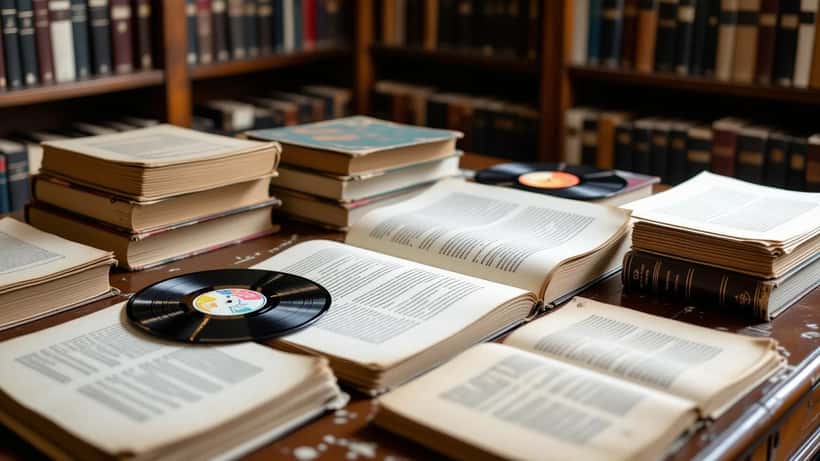 Poète entouré de manuscrits et documents juridiques dans une bibliothèque québécoise