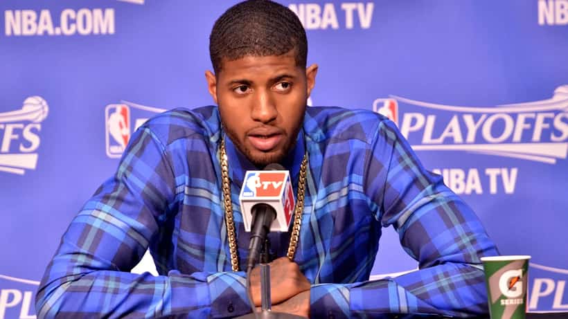 NBA player Paul George in action during an Indiana Pacers basketball game