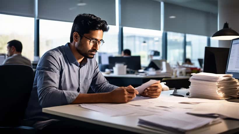 Software engineer reviewing H-1B visa petition documents at a desk in a Silicon Valley office