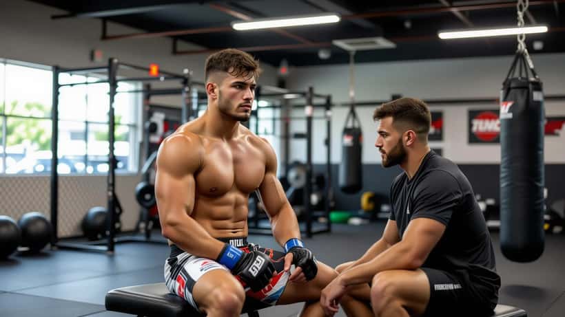 MMA fighter pressing ice pack to face in Australian gym after sparring session