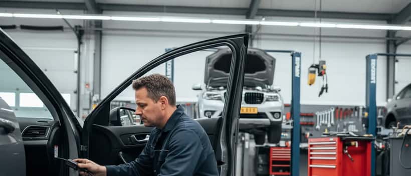 Monteur koppelt OBD2-diagnostische tool aan auto in Nederlandse garage
