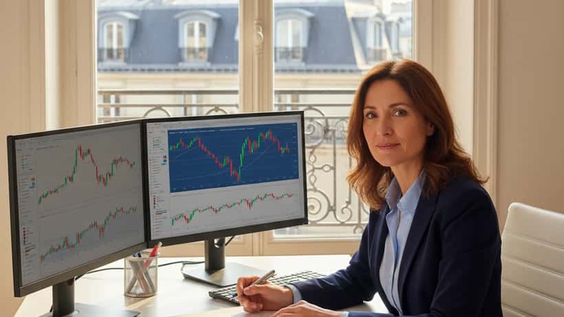 Conseillère en gestion de patrimoine analysant des graphiques boursiers dans un bureau parisien avant la fermeture de Pâques 2026
