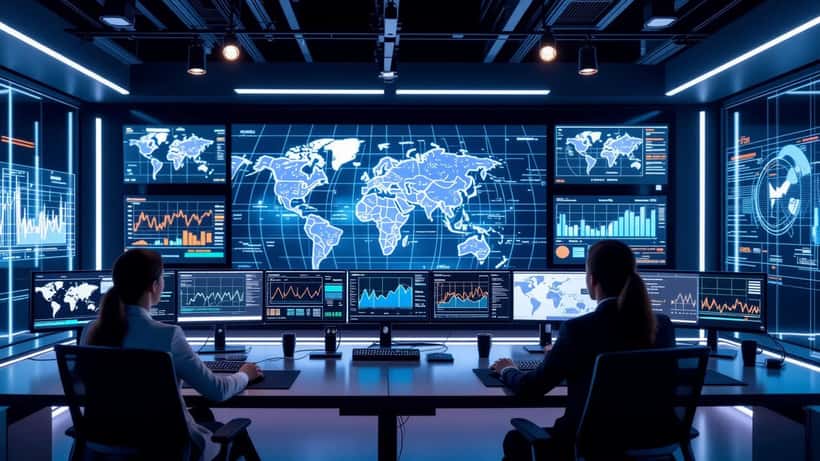Modern streaming news control room with live broadcast dashboards and global maps