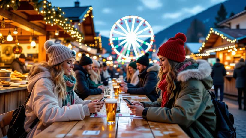 Frau scannt einen QR-Code mit dem Smartphone an einem Bierbank-Tisch am Villacher Kirchtag
