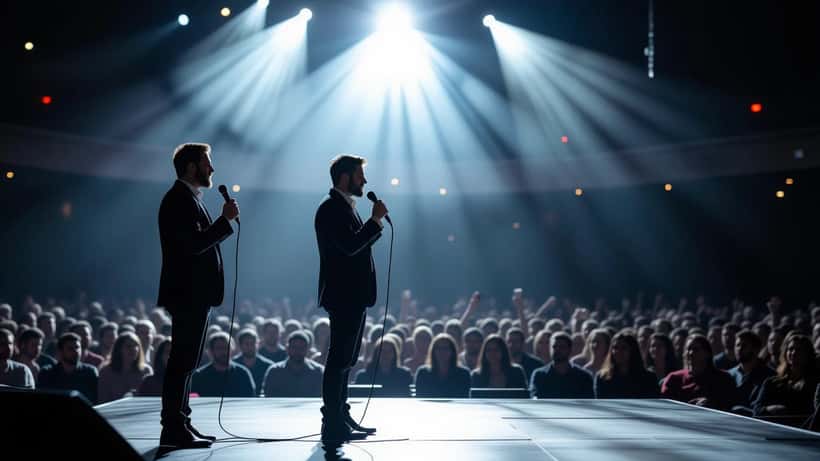 Stand-up comedian holding a microphone under a spotlight on a large arena stage
