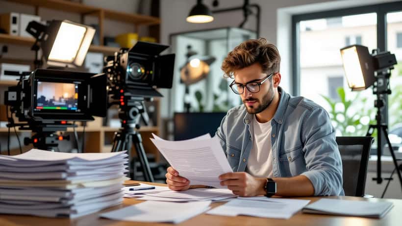 Giovane aspirante artista che firma documenti legali prima di un provino televisivo in stile fotogiornalistico