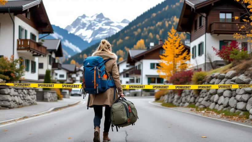 Frau mit Koffer verlässt evakuiertes Bergdorf in Bayern hinter Polizeiabsperrung