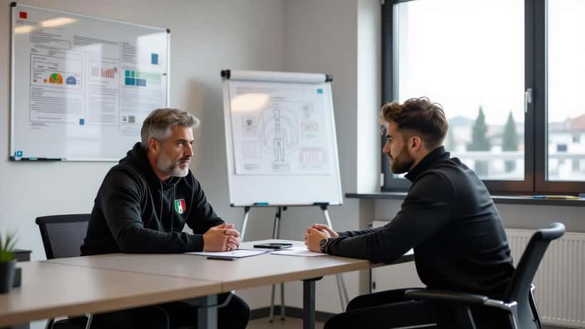 Psicologo sportivo in consultazione con un atleta in una clinica sportiva milanese